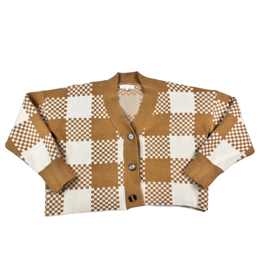 Gilded‎ Intent Brown Cream Checkerboard Button Front Cardigan Sweater Womens Med